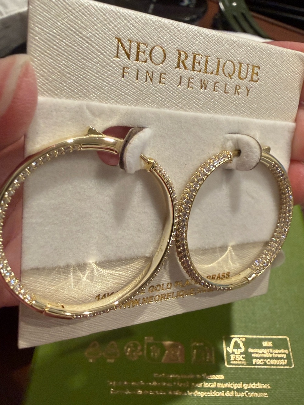 14k Gold Over Brass Plated Crystal Hoop Earrings Secure Clasp